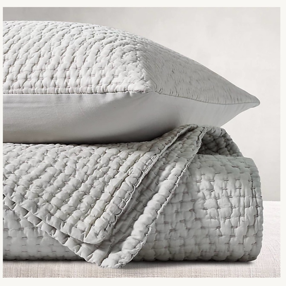 Restoration Hardware Silk Pick Stitch Quilt King + 2 King Shams Mist